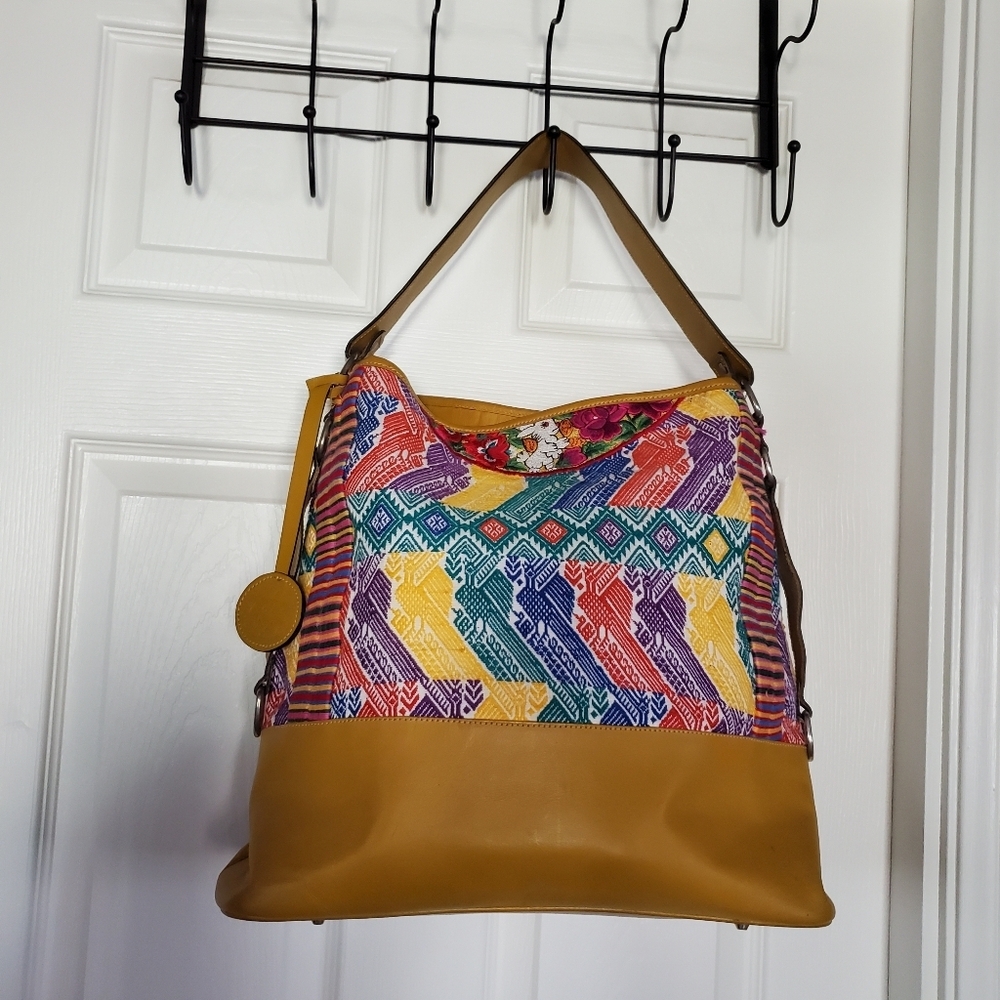 Guatemalan Embroidered Huipil Leather Shoulder Bag Tote Multicolor Large Size